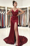 Burgundy Silk Satin Mermaid V-neck Spaghetti Straps Prom Dress with Split, SP815