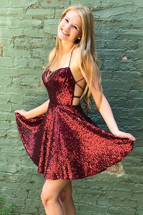 Burgundy Sparkly Backless A-line Mini Spaghetti Straps Homecoming Dress, SH518 | burgundy prom dress | burgundy homecoming dresses | sequins homecoming dresses | short homecoming dresses | short party dress | www.simidress.com