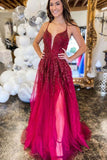 Burgundy Tulle A-line Lace Up Back Thigh Slit Prom Dresses, Evening Gown, SP763 | cheap long prom dresses | evening dresses | party dress | www.simidress.com