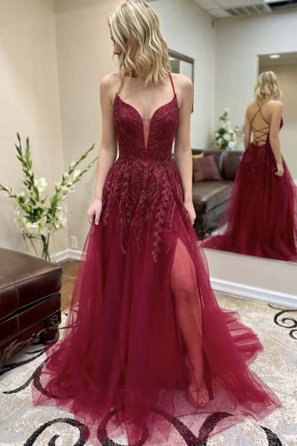 Burgundy Tulle A-line Lace Up Thigh Slit Prom Dress SP763 | Simidress Burgundy Tulle A-line Lace Up Thigh Slit Prom Dress SP763 | Simidress