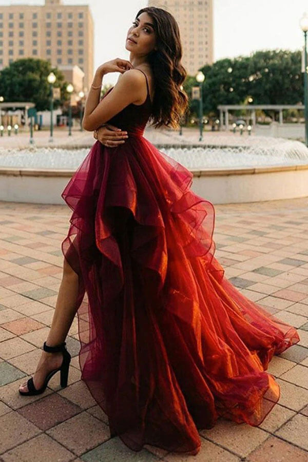 Burgundy Tulle A-line V-neck High Low Prom Dresses SP823 | Simidress Burgundy Tulle A-line V-neck High Low Prom Dresses SP823 | Simidress
