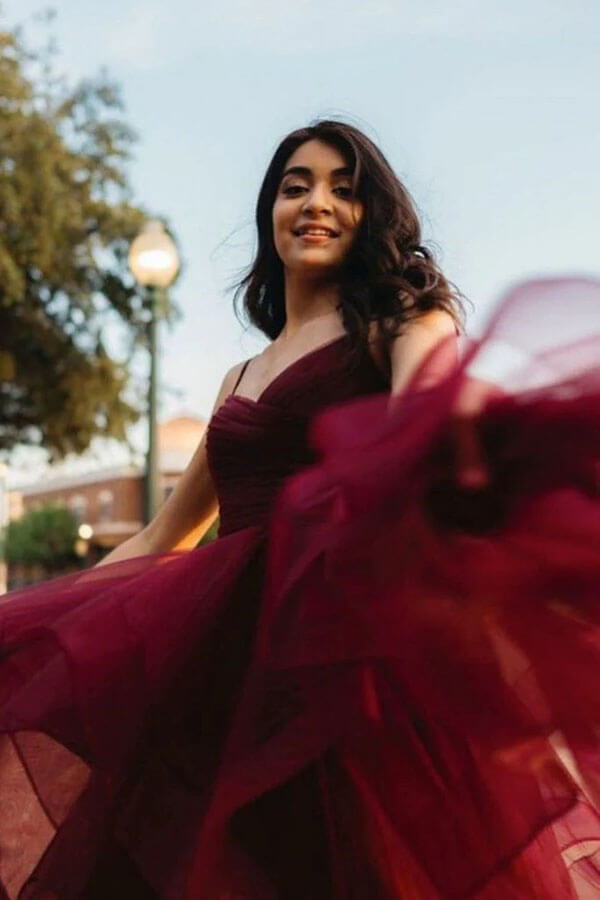 Burgundy Tulle A-line V-neck High Low Long Prom Dresses, Evening Dresses, SP823 | simple prom dresses | cheap prom dresses | tulle prom dresses | simidress.com