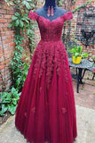 Burgundy Tulle Lace A-line Off-the-Shoulder Prom Dresses, Evening Dress, SP746