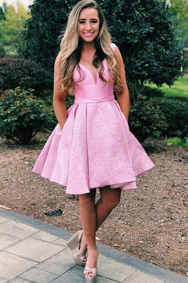Pink Satin A-line V-neck Short Homecoming Dresses SH590 | Simidress Pink Satin A-line V-neck Short Homecoming Dresses SH590 | Simidress