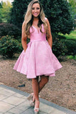 Charming Pink Satin A-line V-neck Short Homecoming Dresses With Pockets, SH590