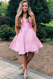 Charming Pink Satin A-line V-neck Short Homecoming Dresses With Pockets, SH590 | school event dresses | short party dresses | short prom dresses | simidress.com