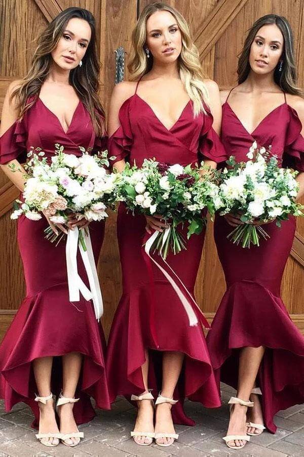 Chic Burgundy High Low Mermaid Spaghetti Straps Bridesmaid Dresses, BD129 | cheap bridesmaid dresses | bridesmaid dresses online | wedding party dresses | simidress.com