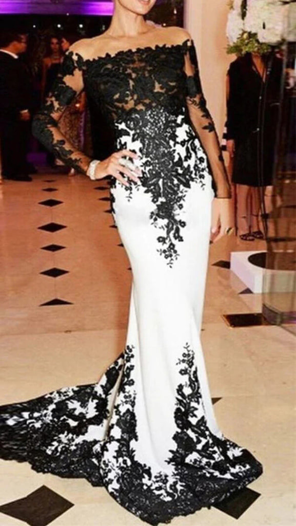 Chic White Satin Black Lace Mermaid Prom Dresses, Long Formal Dresses, SP887 | white prom dresses | evening dresses | evening gown | simidress.com