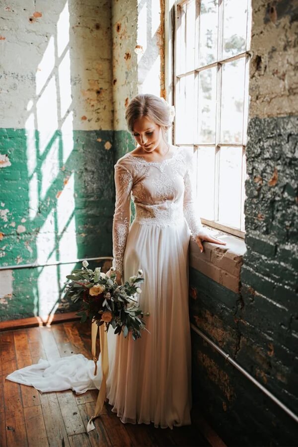 Chiffon A-line Long Sleeves Open Back Lace Wedding Dress, Bridal Dress, SW600 | chiffon wedding dresses | long sleeves wedding dress | boho wedding dress | simidress.com