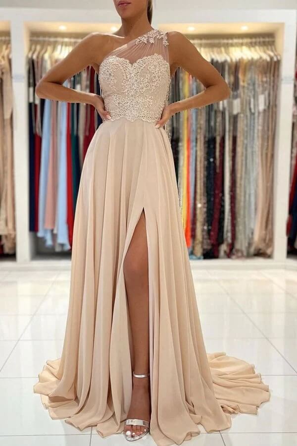 Chiffon A-line One Shoulder Lace Prom Dresses SP876 | Simidress Chiffon A-line One Shoulder Lace Prom Dresses SP876 | Simidress
