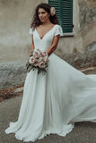 Chiffon A-line V-neck Short Sleeves Simple Wedding Dresses, Bridal Gowns, SW577 | beach wedding dresses | a line wedding dresses | v neck wedding dresses | simidress.com