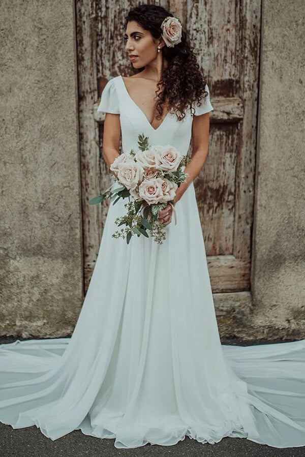 Chiffon A-line V-neck Short Sleeves Wedding Dresses SW577 | Simidress Chiffon A-line V-neck Short Sleeves Wedding Dresses SW577 | Simidress