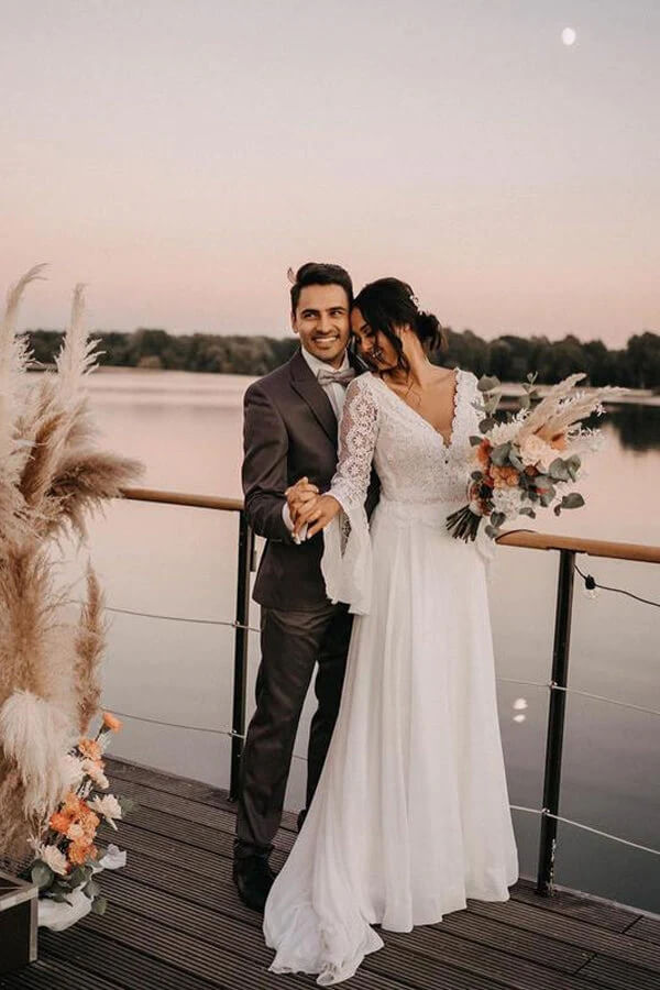 Chiffon A-line V-neck Vintage Backless Wedding Dresses, Bridal Gowns, SW613 | long sleeves wedding dress | a line wedding dress | bridal style | simidress.com