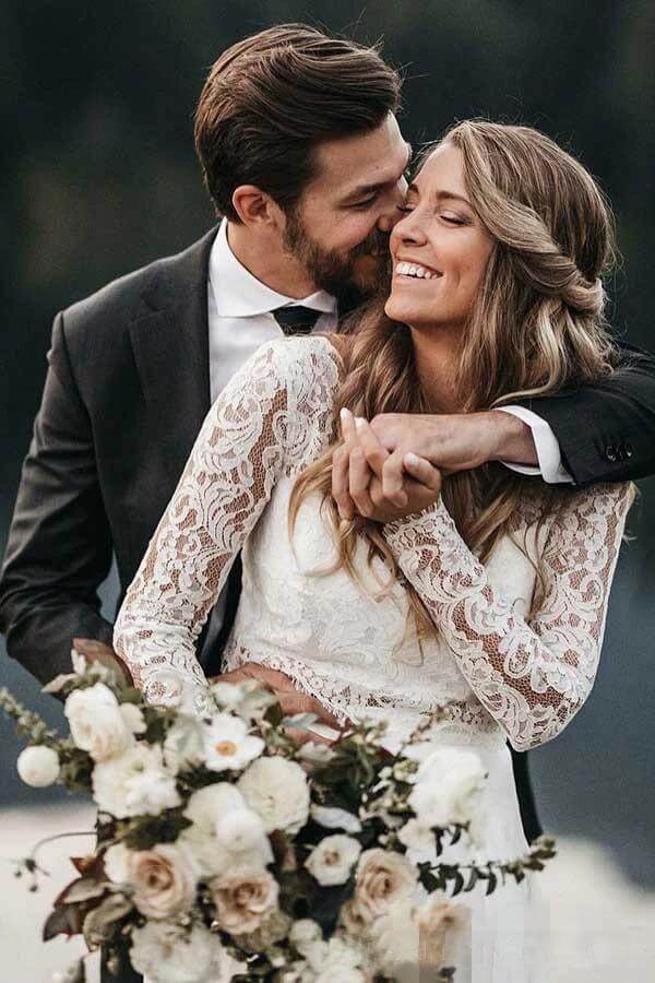 Chiffon Boho Two Pieces Round Neck Lace Long Sleeve Beach Wedding Dresses, SW413 | long sleeves wedding dresses | cheap wedding dresses online | lace wedding dresses | boho wedding dresses | www.simidress.com