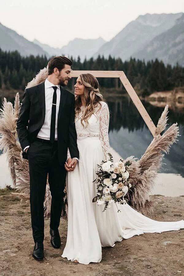 Boho Two Pieces Round Neck Lace Beach Wedding Dress, SW413 | Simidress Boho Two Pieces Round Neck Lace Beach Wedding Dress, SW413 | Simidress