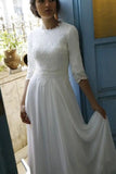 Chiffon Half Sleeves Round Neck Lace Wedding Dresses, Bridal Gown, SW612 | lace wedding dress | chiffon wedding dress | modest wedding dress | simidress.com