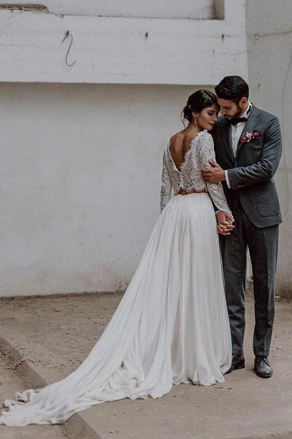 Chiffon Two Pieces Long Sleeves Wedding Dresses, SW420 Chiffon Two Pieces Long Sleeves Wedding Dresses, SW420