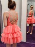 Coral A-line Spaghetti Straps Lace Up Tiered Short Homecoming Dresses, SH593 | tulle homecoming dresses | school event dress | short prom dresses | simidress.com
