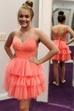 Coral A-line Spaghetti Straps Lace Up Tiered Short Homecoming Dresses, SH593