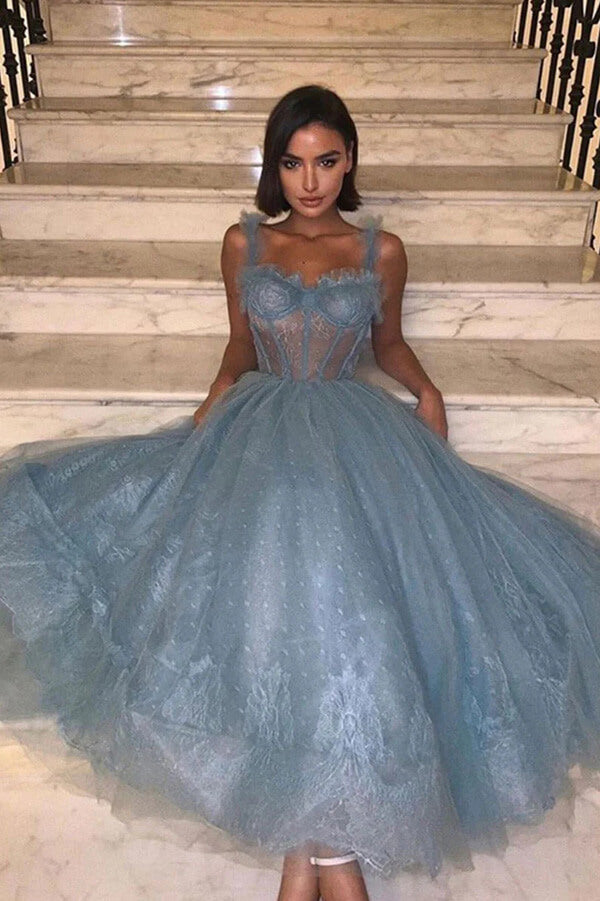 Cute Gray Blue Tulle Sweetheart Lace Short Prom Dresses, Evening Dresses, SP855 | blue prom dress | short prom dress | lace prom dress | simidress.com
