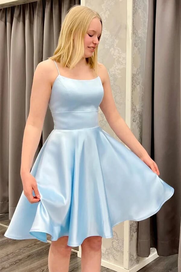 Cute Light Blue Satin Backless Homecoming Dresses, Short Prom Dresses, SH588 | school event dresses | short party dresses | a line homecoming dresses | simidress.com