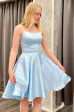 Cute Light Blue Satin Backless Homecoming Dresses, Short Prom Dresses, SH588