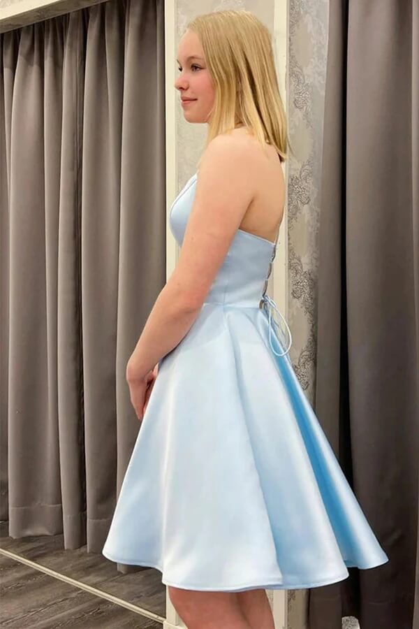 Cute Light Blue Satin Backless Homecoming Dresses, Short Prom Dresses, SH588 | simple homecoming dresses | short homecoming dresses | homecoming dresses online | simidress.com