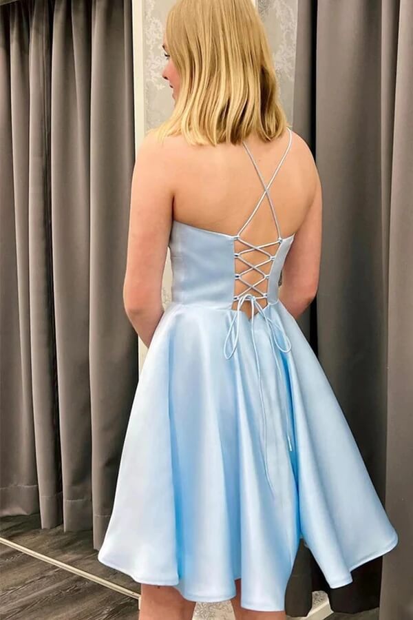 Cute Light Blue Satin Backless Homecoming Dresses SH588 | Simidress Cute Light Blue Satin Backless Homecoming Dresses SH588 | Simidress