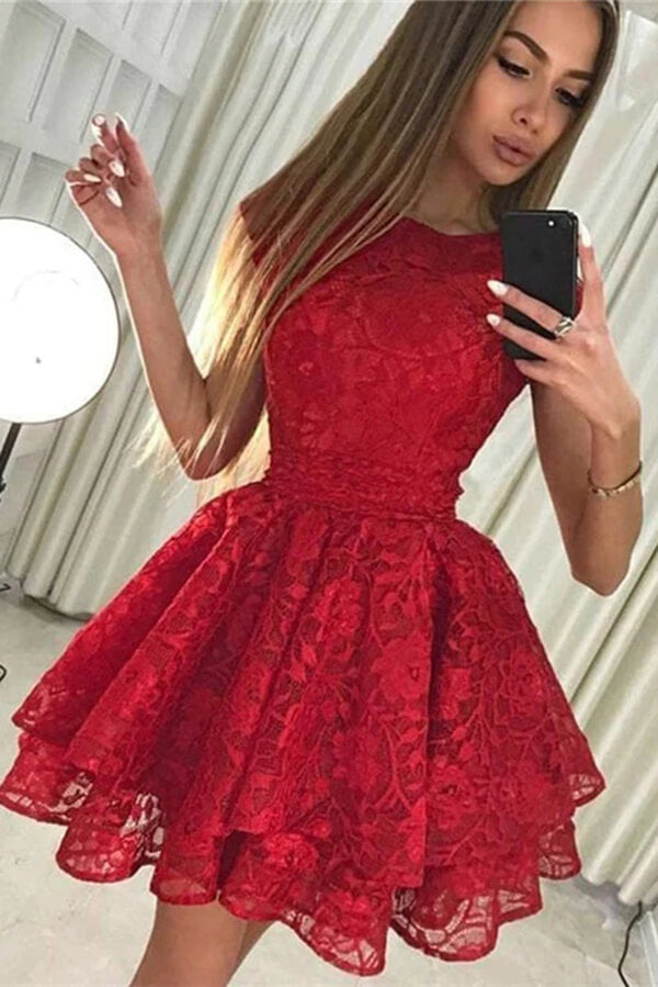 cute red homecoming dresses Red Round Neck Cap Sleeves Lace Homecoming Dresses, SH617