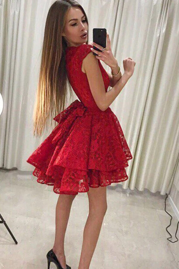 Cute Red Round Neck A-line Cap Sleeves Lace Short Homecoming Dresses, SH617 | school event dresses | graduation dresses | short prom dresses | simidress.com