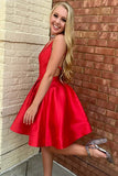 Cute Red Satin A-line V-neck Spaghetti Straps Short Homecoming Dresses, SH597 | cheap homecoming dresses | a line homecoming dresses | school event dress | simidress.com