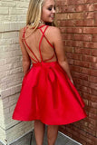 Cute Red Satin A-line V-neck Spaghetti Straps Short Homecoming Dresses, SH597 | satin homecoming dresses | short party dresses | graduation dresses | simidress.com