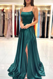 Dark Green Satin A-line Square Neck Simple Prom Dresses With Slit, SP960
