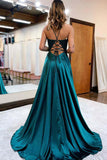 Dark Green Satin A-line V-neck Long Prom Dresses With Lace Appliques, SP938 | lace prom dresses | satin prom dresses | evening dresses | simidress.com