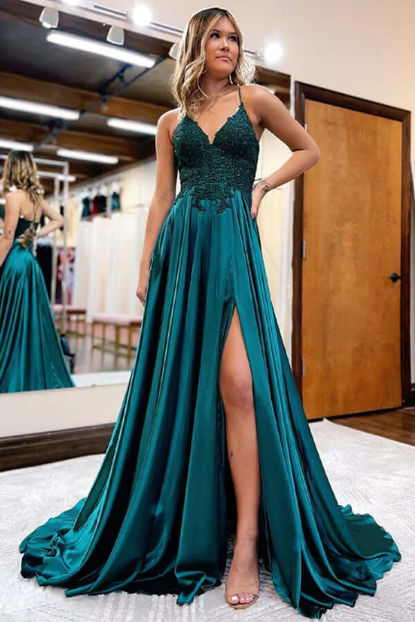 Dark Green Satin A-line V-neck Long Prom Dresses With Lace Appliques, SP938 | green prom dress | simple prom dresses | long formal dress | simidress.com