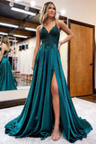 Dark Green Satin A-line V-neck Long Prom Dresses With Lace Appliques, SP938