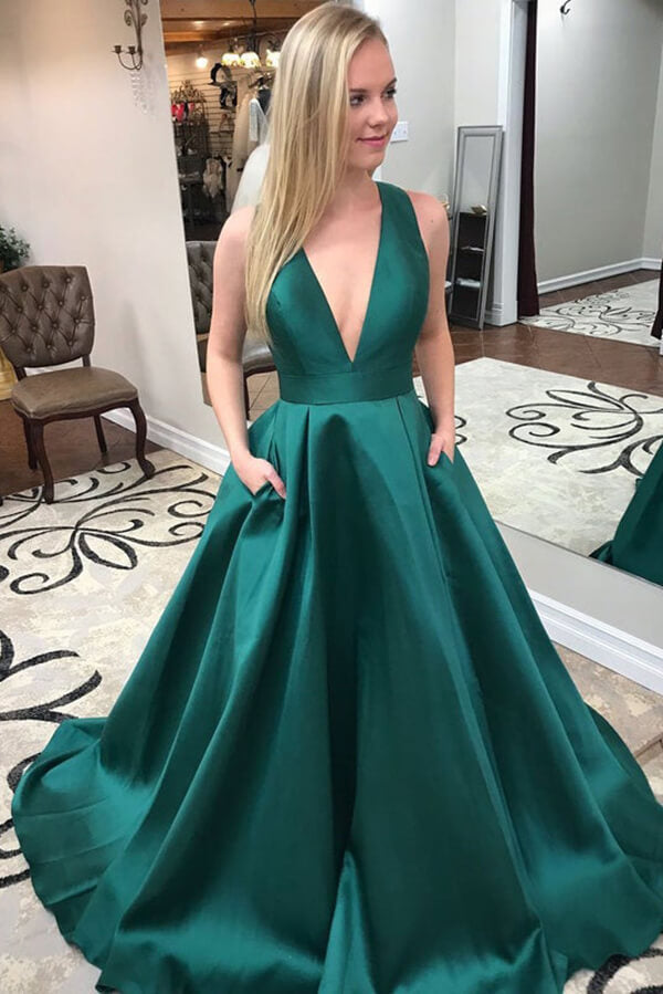 Dark Green Satin A-line Prom Dresses With Pockets SP725 | Simidress Dark Green Satin A-line Prom Dresses With Pockets SP725 | Simidress