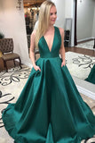 Dark Green Satin A-line V-neck Prom Dresses With Pockets, Evening Gown, SP725 | long prom dresses | evening gown | green prom dress | www.simidress.com