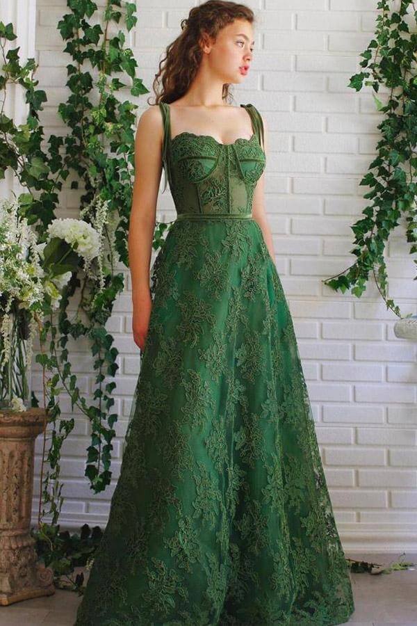 Spaghetti Straps Dark Green Long Formal Dress Dark Green Lace A
