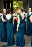 Dark Teal Green A-line V-neck Backless Long Bridesmaid Dress With Train, BD120 | simple bridesmaid dresses | satin bridesmaid dresses | maid of the honor dress | www.simidress.com