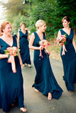 Dark Teal Green A-line V-neck Backless Long Bridesmaid Dress With Train, BD120