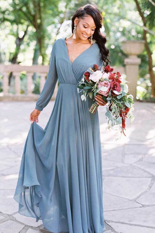 Retro & Vintage Dusty Blue Flowy Satin A-Line Bridesmaid Gown | Unique  Vintage