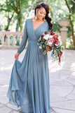 Dusty Blue Chiffon A-Line Long Sleeves Floor Length Bridesmaid Dresses, BD133
