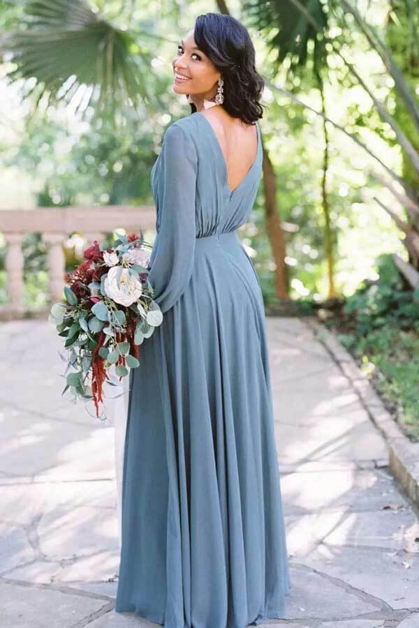 Dusty Blue Chiffon Long Sleeves Bridesmaid Dresses, BD133 | Simidress Dusty Blue Chiffon Long Sleeves Bridesmaid Dresses, BD133 | Simidress