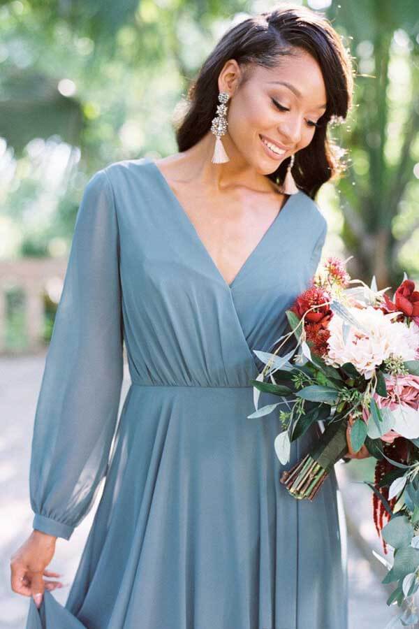 Dusty Blue Chiffon Long Sleeves Bridesmaid Dresses, BD133 | Simidress Dusty Blue Chiffon Long Sleeves Bridesmaid Dresses, BD133 | Simidress