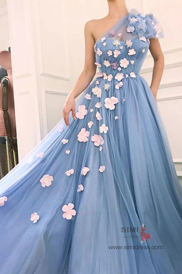 Dusty Blue Tulle 3D Flowers One Shoulder Long Prom Dresses, Party Dresses, SP693 | floral prom dresses | party dresses | evening dresses | blue prom dresses | www.simidress.com