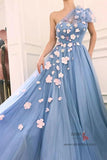 Dusty Blue Tulle 3D Flowers One Shoulder Long Prom Dresses, Party Dresses, SP693