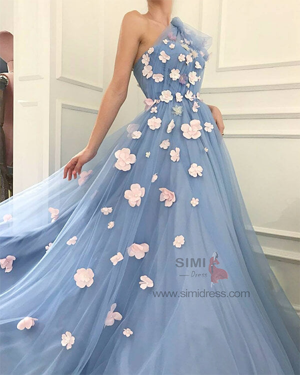 Dusty Blue Tulle 3D Flowers One Shoulder Long Prom Dresses, Party Dresses, SP693 | long prom dresses | cheap prom dresses | formal dresses | www.simidress.com