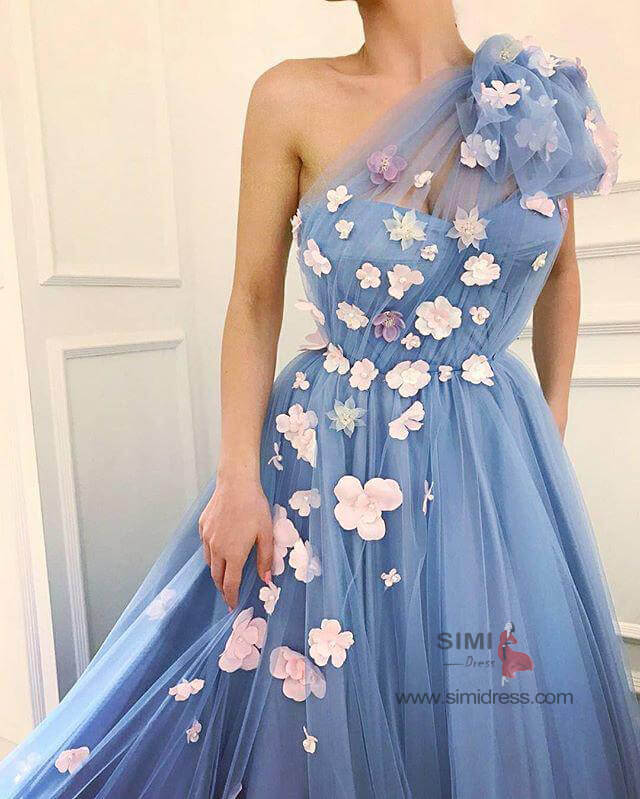 Dusty Blue Tulle 3D Flowers One Shoulder Long Prom Dresses, Party Dresses, SP693 | evening gowns | floral prom dresses | party dresses | evening dresses | www.simidress.com