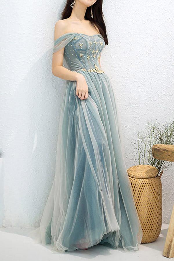 Dusty Blue Tulle Beaded Off Shoulder Prom Dresses SP786 | Simidress Dusty Blue Tulle Beaded Off Shoulder Prom Dresses SP786 | Simidress